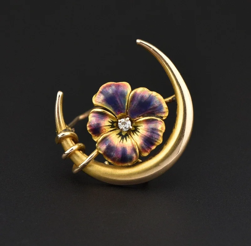 Tri-tone brooch-Art Nouveau 14K Gold Diamond Enamel Pansy Crescent Moon Brooch