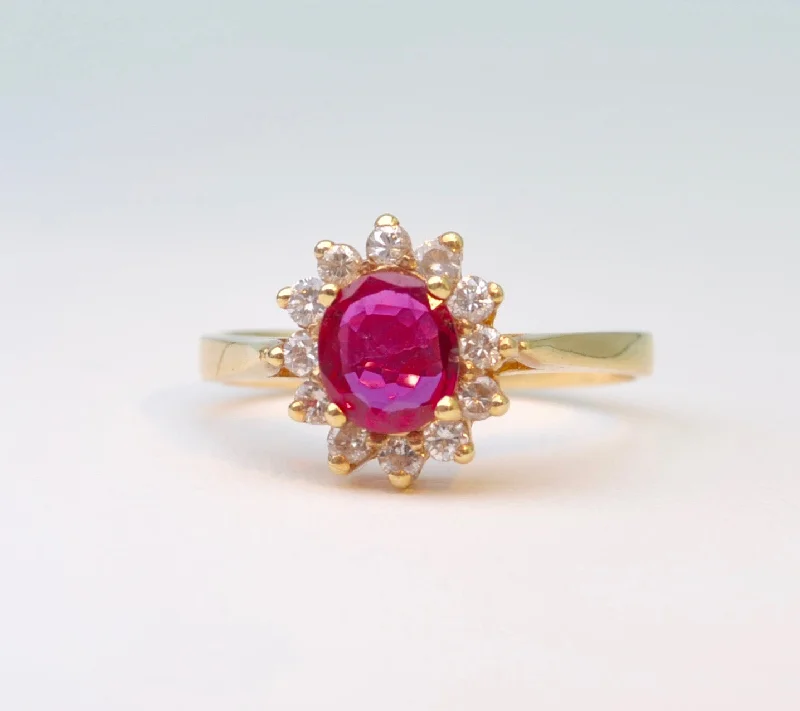 Faith charm rings-14K yellow gold ring with one center Ruby and 12 surrounding Diamonds