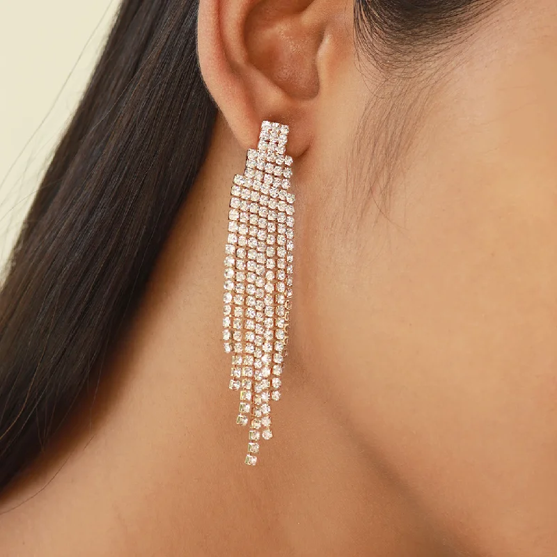 Thick dangle earrings-Ayesha Contemporary White Diamante Crystal Studded Gold-Toned Long Tassel Drop Earrings