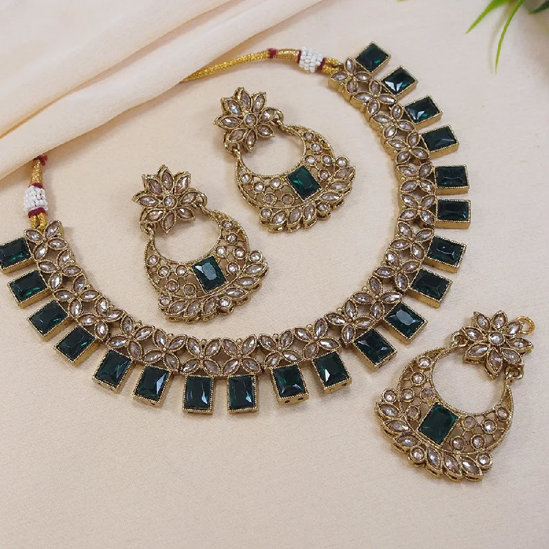 Retro charm necklaces-LALSO Stunning Gold plated AD/Zircon Work Necklace Jewelry Set With Maangtika