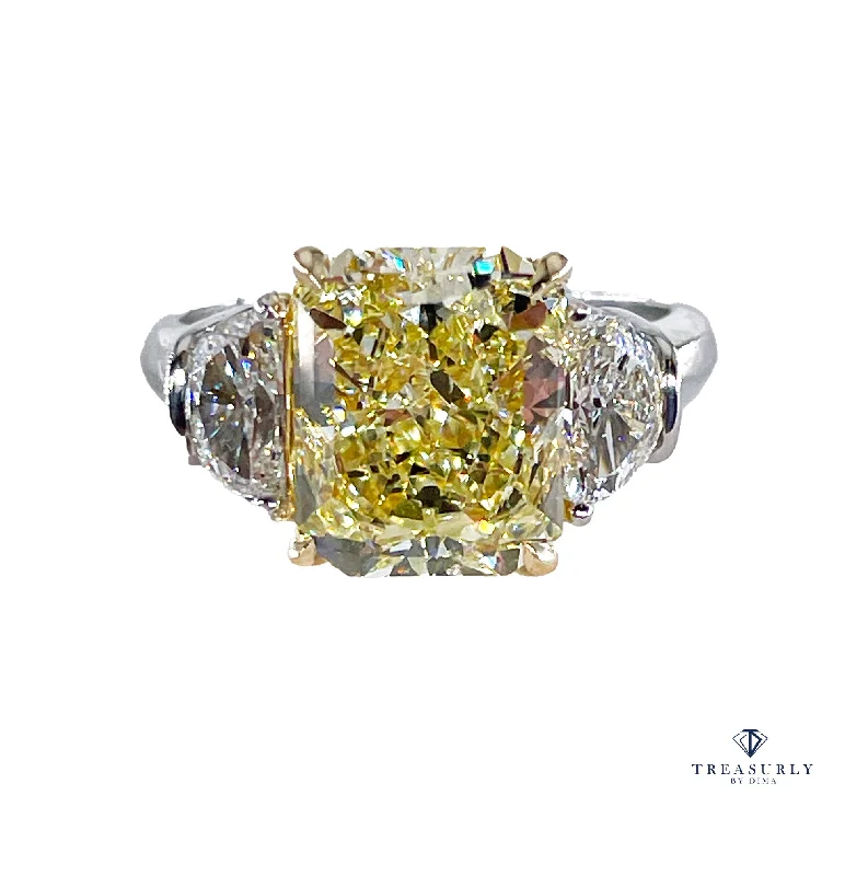 Etched name rings-Estate GIA 4.85ct Natural Fancy Yellow RADIANT 3 Stone Diamond Engagement Platinum 18K YG Ring