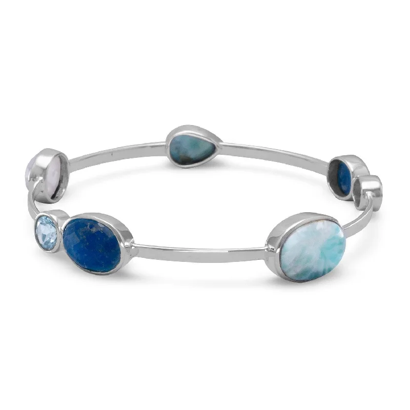 Gem stack bangles-Sterling Silver Larimar, Blue Topaz, Aventurine and Rainbow Moonstone Bangle Bracelet