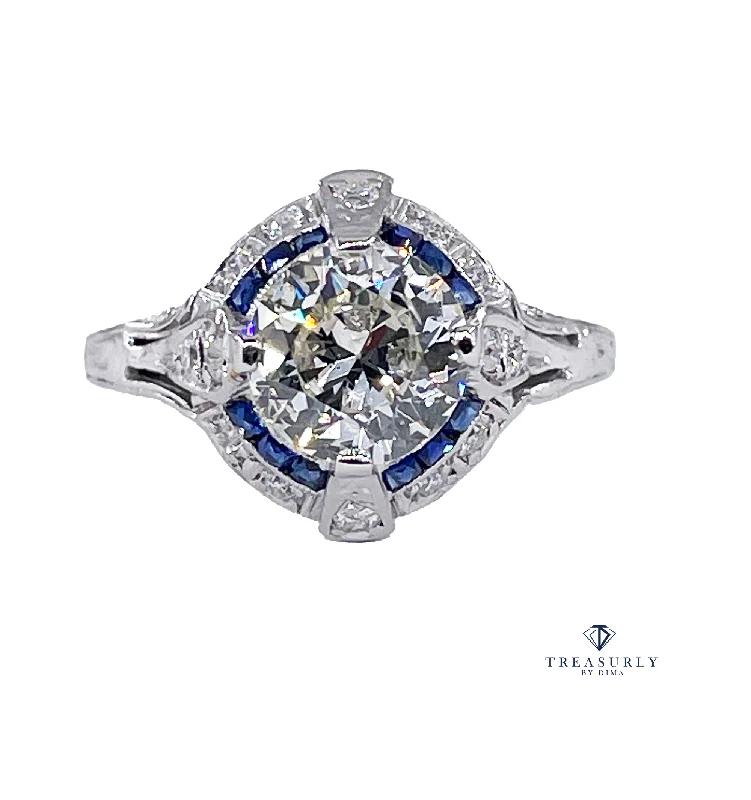 Surf theme rings-Art Deco GIA Vintage Antique 3.0ct Old EUROPEAN Diamond Sapphire Platinum Engagement Ring