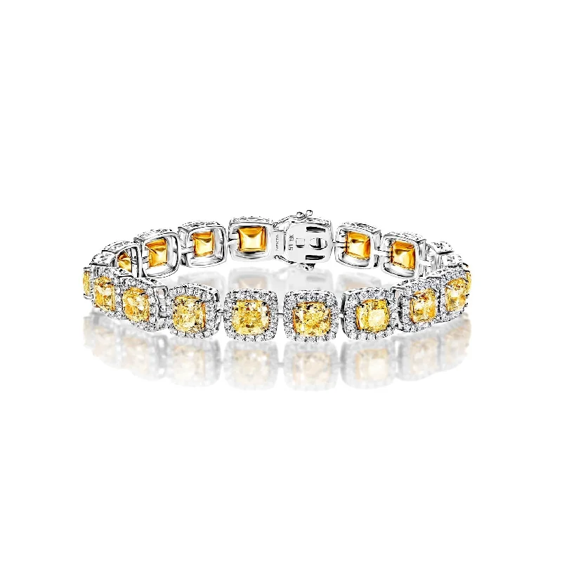 Full moon bangles-Charley 23 Carats Fancy Yellow Cushion Cut Single Row Diamond Tennis Bracelet in 18k White Gold