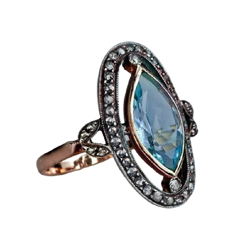 Bead row rings-Faux Aquamarine Crystal and Marcasite Ring