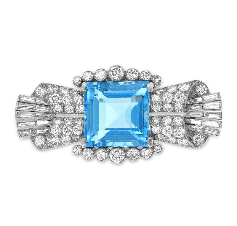 Onyx accent brooch-Art Deco Aquamarine Brooch, 10.00 Carats