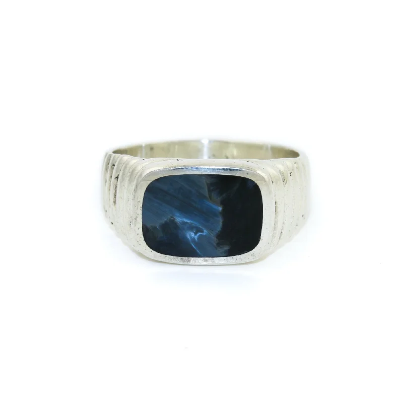 Dainty gold rings-Silver x Pietersite Ridged Cushion Inlay