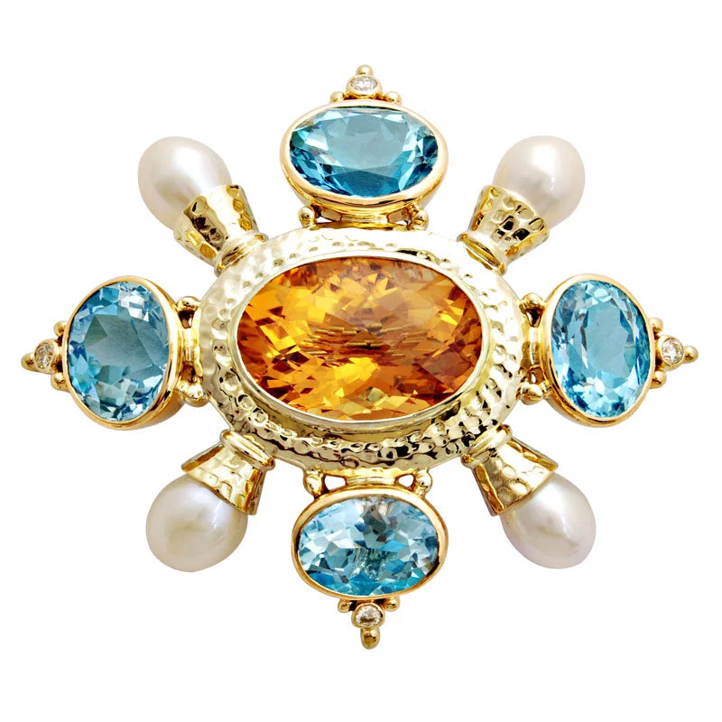 Elastic pin brooch-Brooch-Citrine, Blue Topaz, Pearl and Diamond