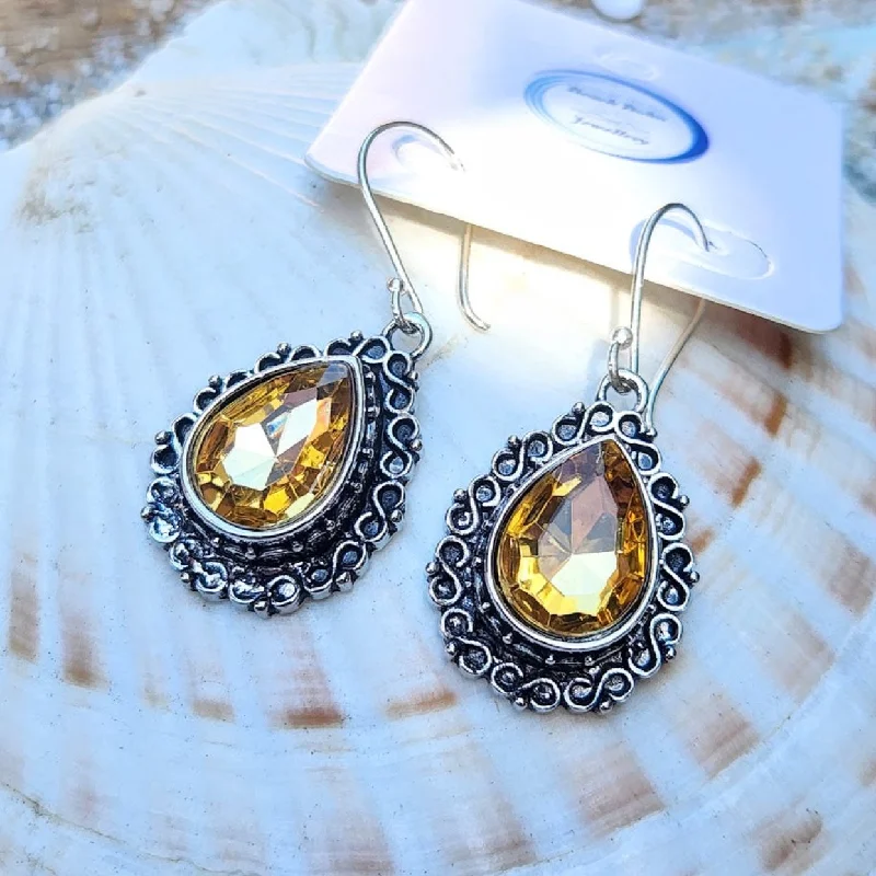 Playful gem earrings-VINTAGE CITRINE GOLDEN  DROPS -  PURE SILVER HILLTRIBE HOOK EARRINGS