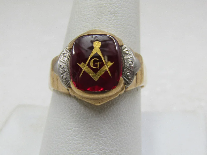 Small stack rings-Vintage 10kt Masonic Ring, Created Ruby, Sz. 9.25, Signed IOFX, Two-Tone