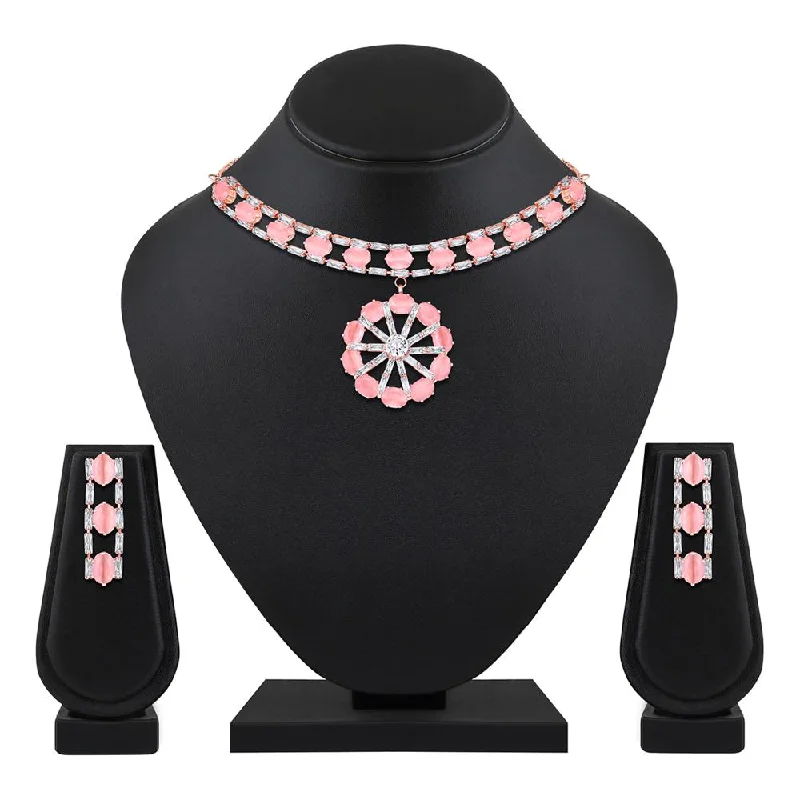 Alloy metal necklaces-Mahi Rose Gold Plated Pink and White Cubic Zirconia (CZ) Floral Women's Necklace Set (NL1103818ZPin)