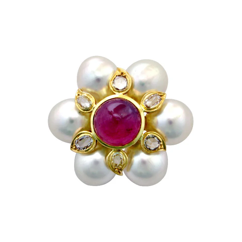 Tide design brooch-Brooch-Rubellite, Pearl and Diamond