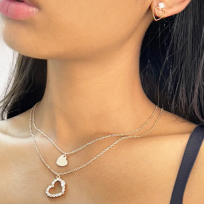 Sleek gem earrings-Set Of Two Heart & Diamante Rose Studded Layered Mini Pendant Gold-Toned Necklace & Earrings