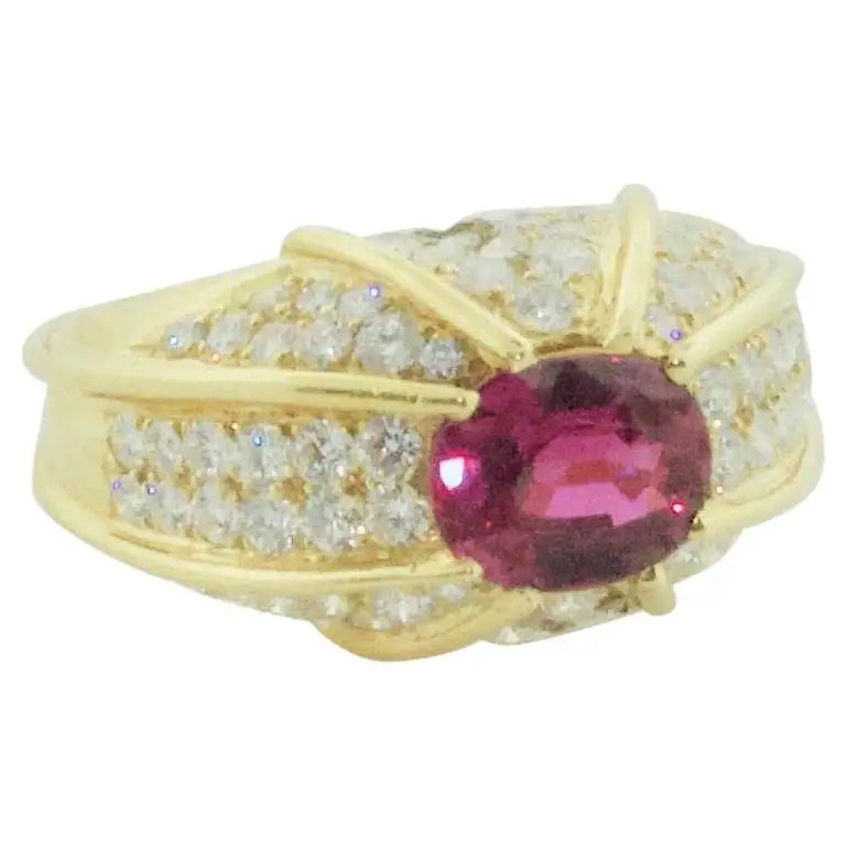 Emerald cut rings-Domed Ruby and Diamond Ring in 18k Yellow Gold GIA No Heat