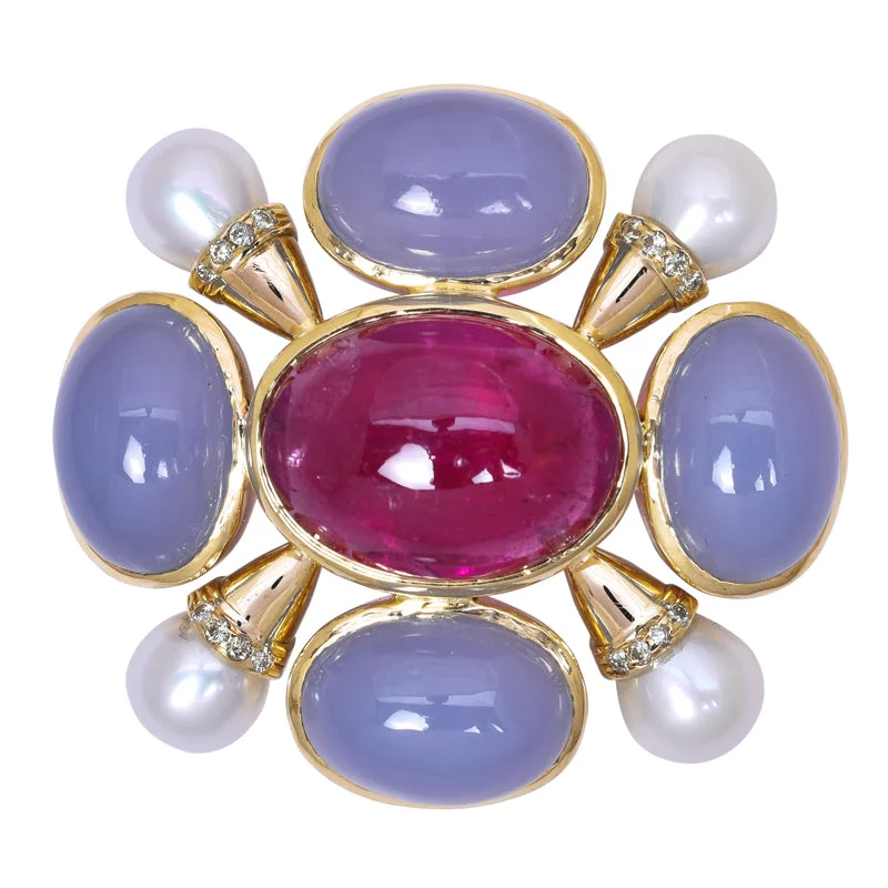 Matte finish brooch-Brooch- Rubellite, Chalcedony, F.W. Pearl And Diamond