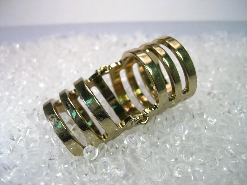 Sleek design rings-Vintage Gold Tone Hinged Full Finger Ring, Gold Bands with Open Spaces, sz. 8-9, 1.75" long