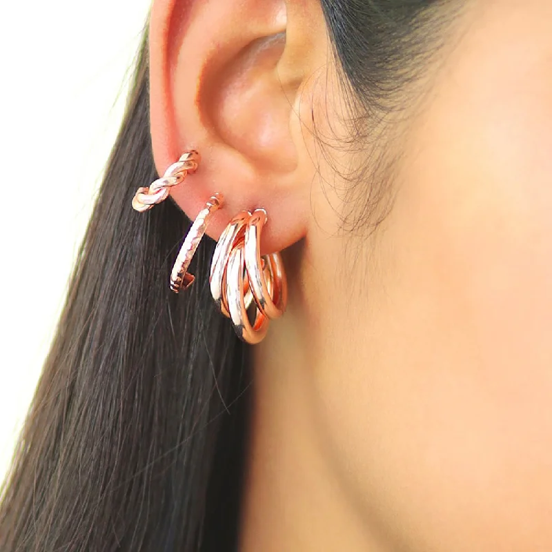 Pink gold earrings-Set Of 3 Rose-Gold Toned Mini Twisted, Textured & Chunky Layered Open-Hoop Earrings