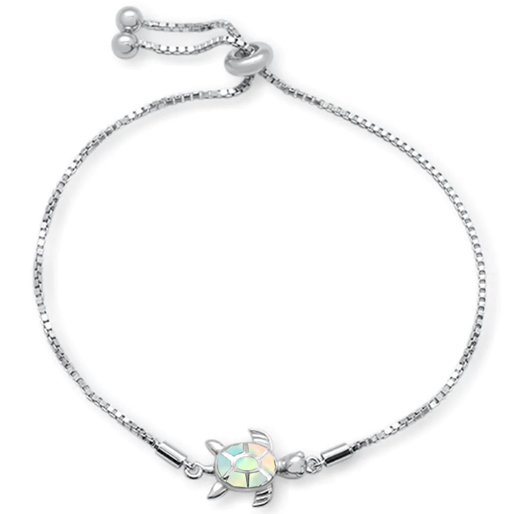 Swirl shape bangles-Sterling Silver White Opal Turtle Adjustable Bolo Bracelet