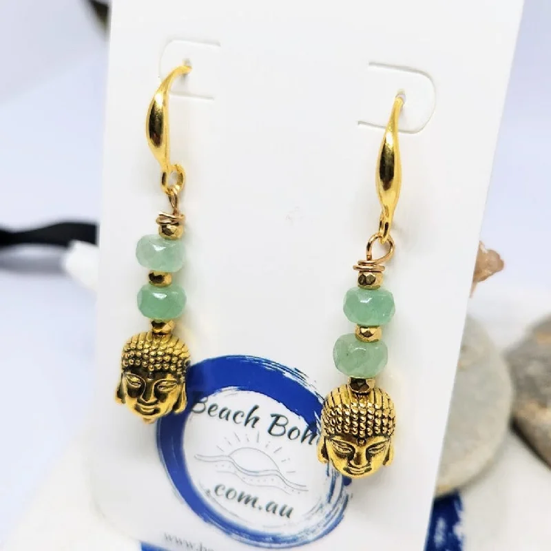 Smooth gem earrings-ENRICHMENT - BUDDHA GOLD DANGLE EARRINGS 925 HOOKS