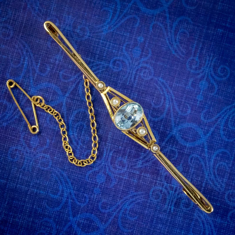 Moonstone brooch-Art Deco Aquamarine Pearl Bar Brooch 15ct Gold Circa 1920