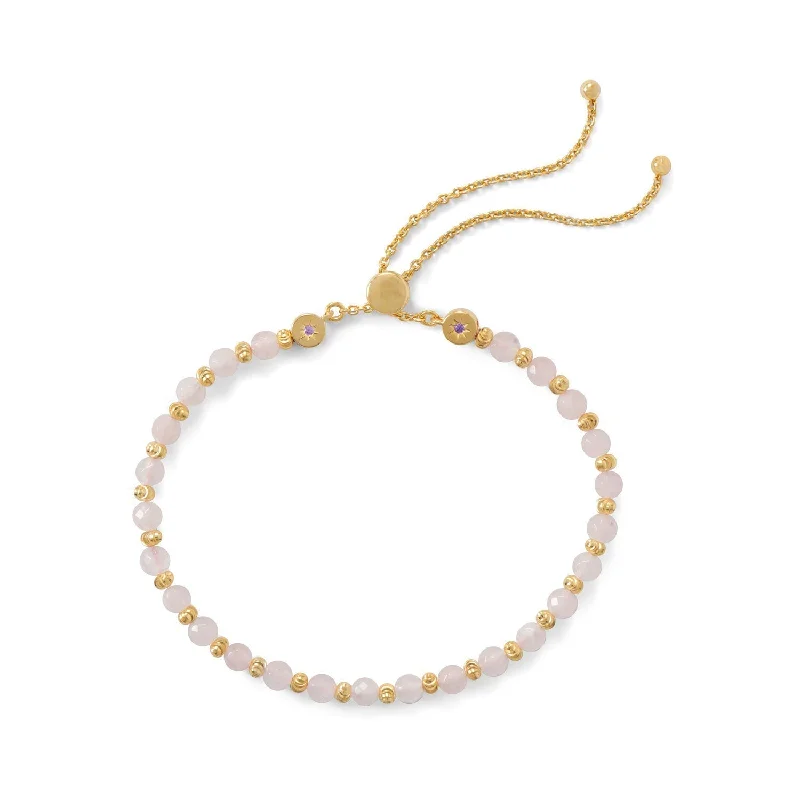 Wide gold bangles-18k Gold Plated Sterling Silver Rose Quartz Bead Bracelet Bolo Bracelet