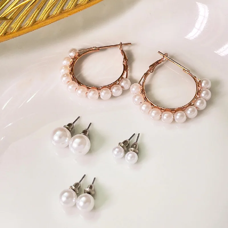 Smooth dangle earrings-Set Of 4 Pearl Studs In Different Sizes & Rose Gold-Toned Pearl Studded Hoop Earrings