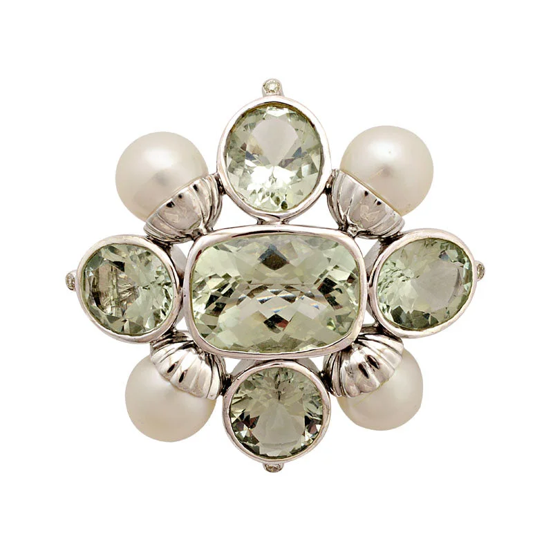 Pinch clasp brooch-Brooch-Green Quartz, South Sea Pearl and Diamond