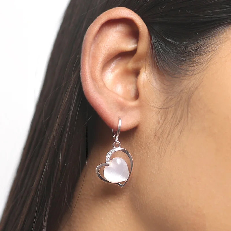 Wide cuff earrings-Heart White Moonstone With Diamante Studs Rose Gold-Toned Hoop Drop Earrings