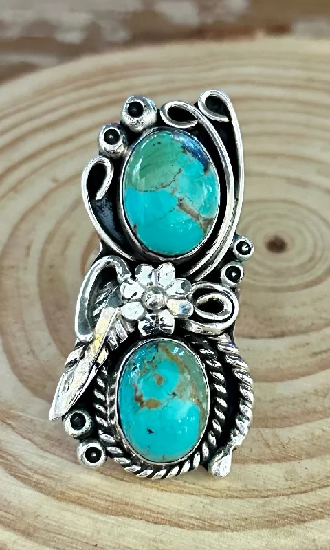 Frosted bead rings-LITTLE C.R. Navajo, Dine'h Native Arts Turquoise Sterling Silver, Large Ring • Size 9 1/2