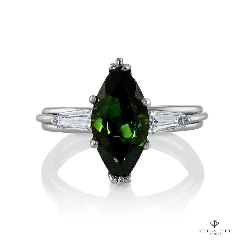 Topaz rings-1930..Vintage 3.68ct Green Tourmaline Marquise Diamond Three Stone Platinum Ring