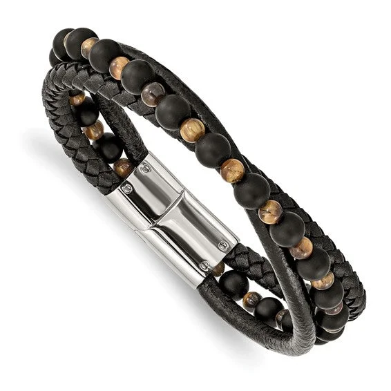 Flat twist bangles-Stainless Steel Polished Multi Strand Tiger's Eye and Black Agate Beaded Black Leather 8.25" Bracelet