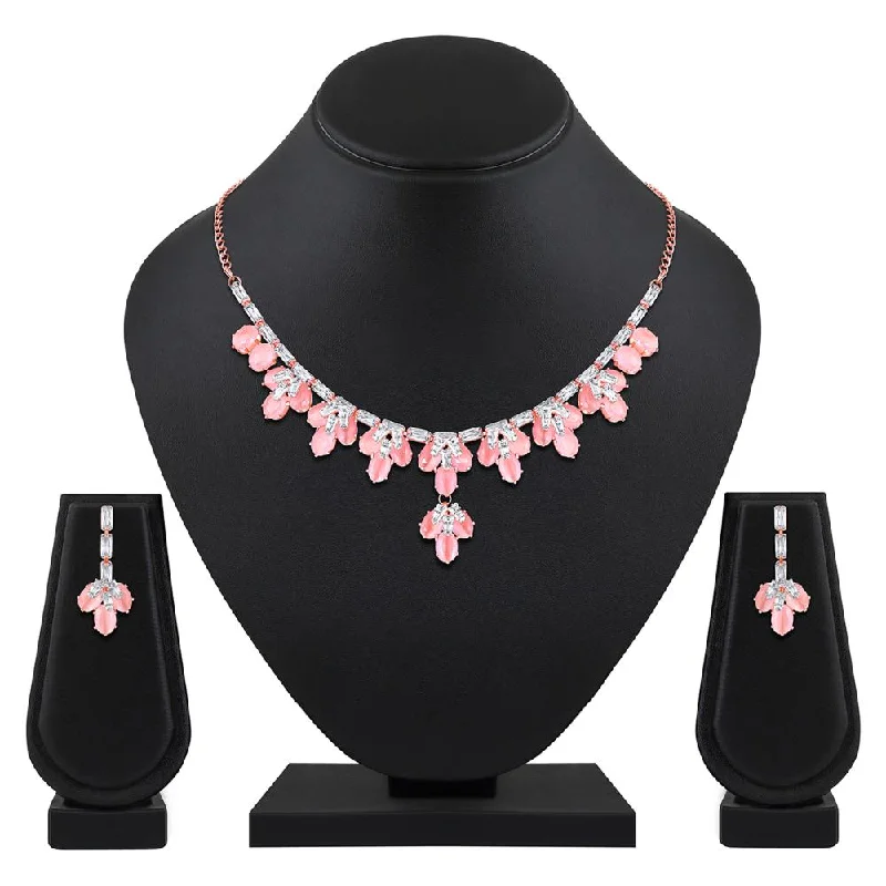 Pure crystal necklaces-Mahi Rose Gold Plated Pink and White Cubic Zirconia (CZ) Floral Women's Necklace Set (NL1103815ZPin)