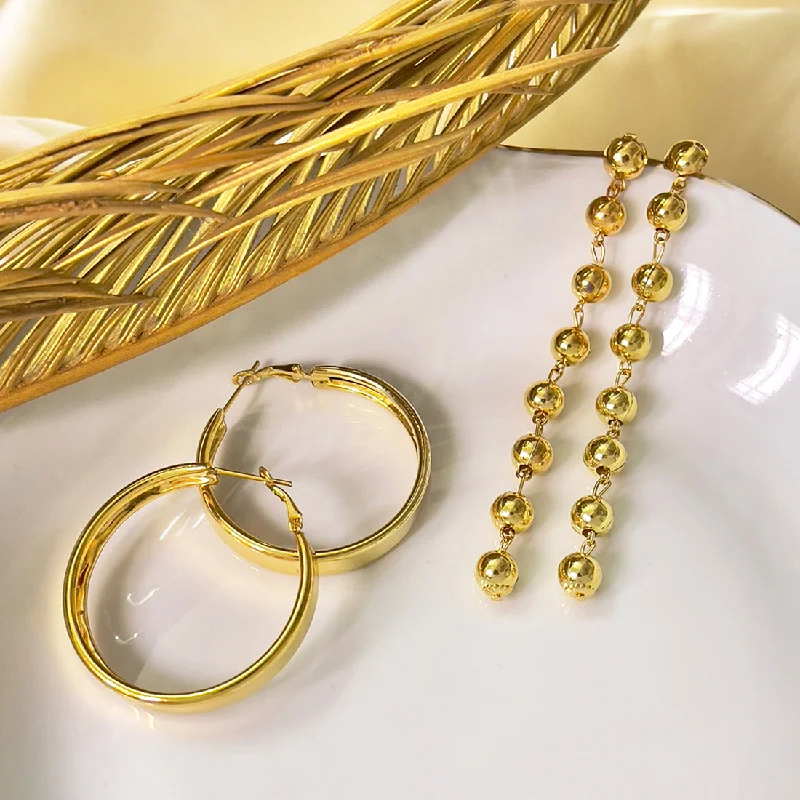 Citrine gem earrings-Set Of 2 Metallic Gold-Toned Long Circular Drop Earrings & Hoop Earrings