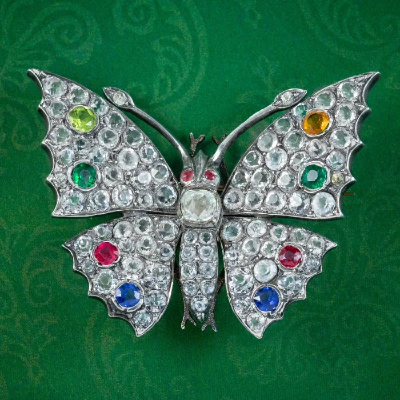 Curved art brooch-Antique Victorian French Paste Butterfly Brooch Silver