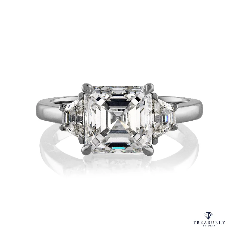 Petal carved rings-GIA 3.47ct Asscher Cut Diamond 3 Stone Engagement Wedding Platinum Ring