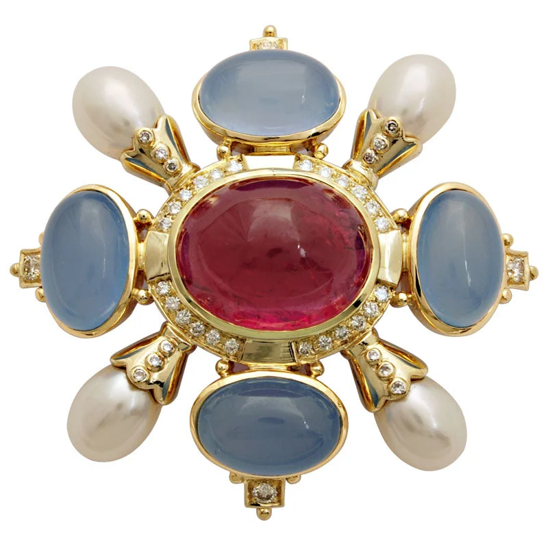 Retro style brooch-Brooch-Chalcedony, Pearl, Rubellite and Diamond