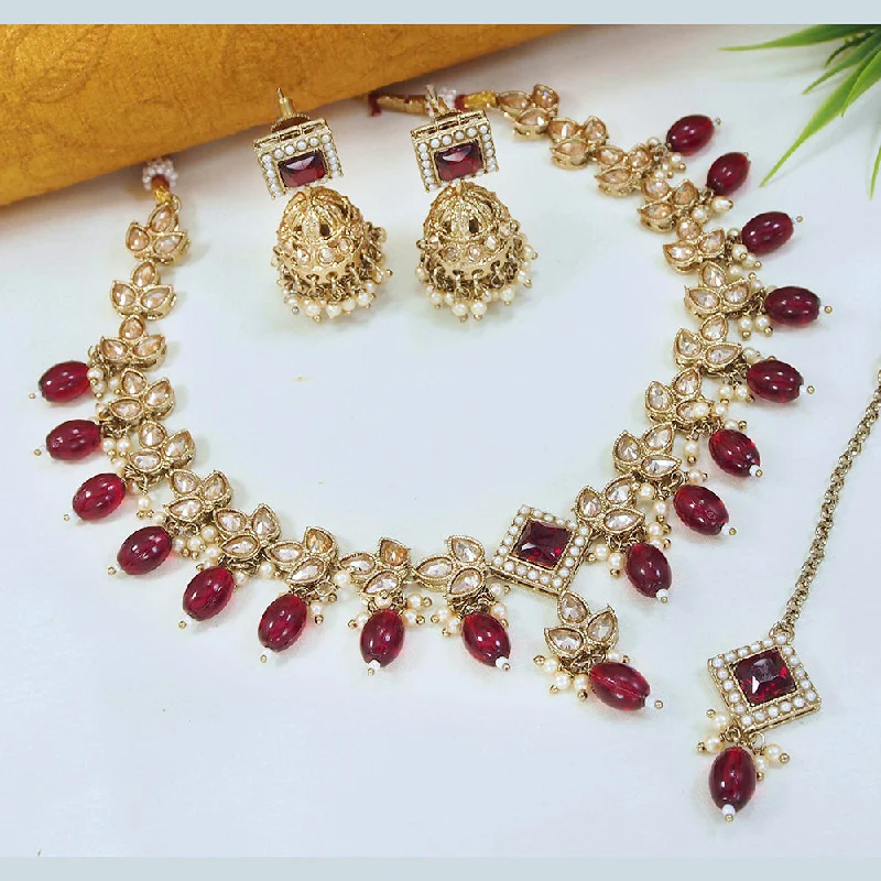 Smooth pendant necklaces-LALSO Marvelous Gold plated Zircon Work Necklace Jewelry Set With Maangtika