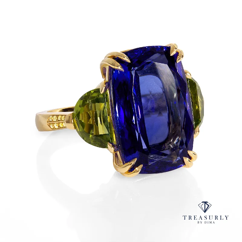 Subtle accent rings-GIA 17.23ct Deep Blue Violet Cushion TANZANITE Peridot and Diamond Trilogy Ring