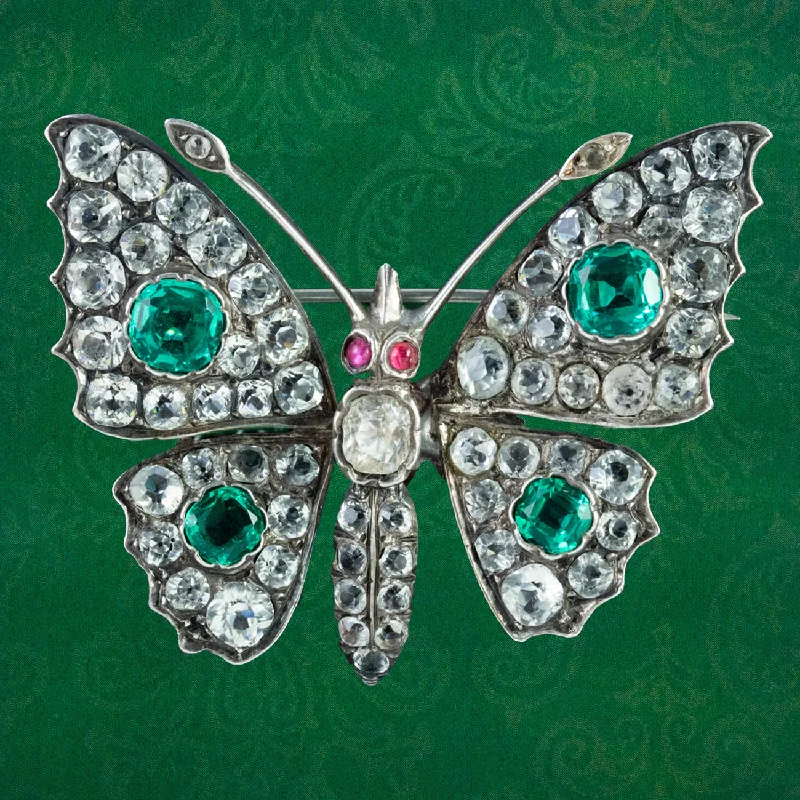 Chunky gem brooch-Antique Victorian Paste Stone Butterfly Brooch Silver