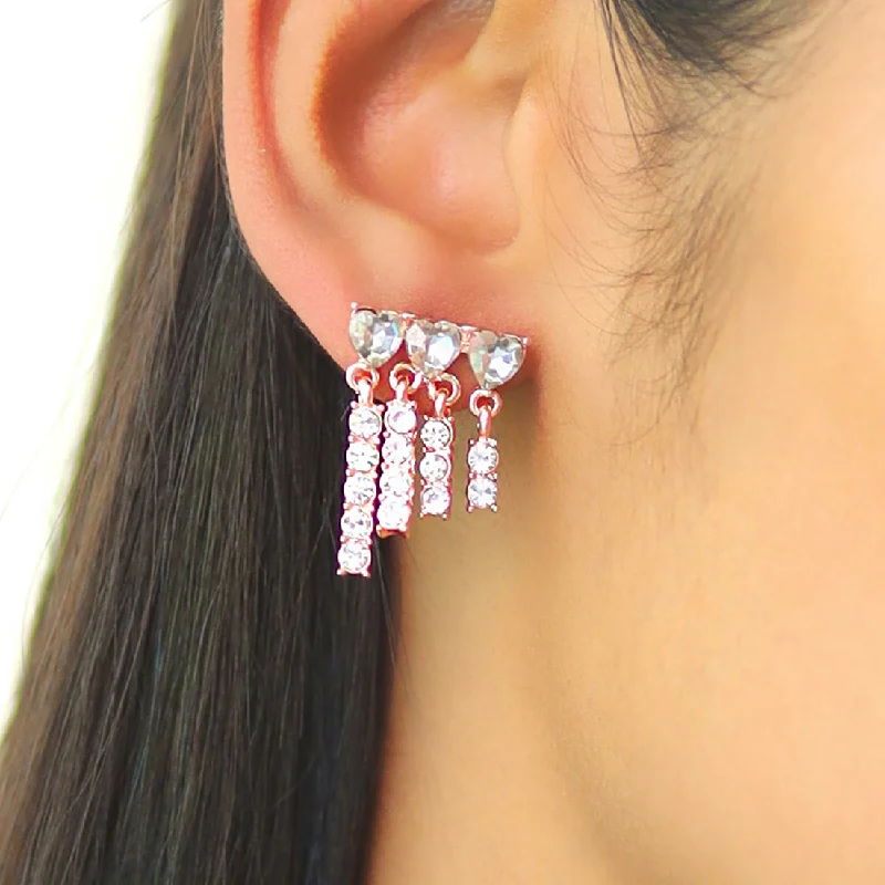 Wanderer feather earrings-Rhinestone Diamante Studded Rose-Gold Toned Asymmetric Short Tassel Drop Earrings