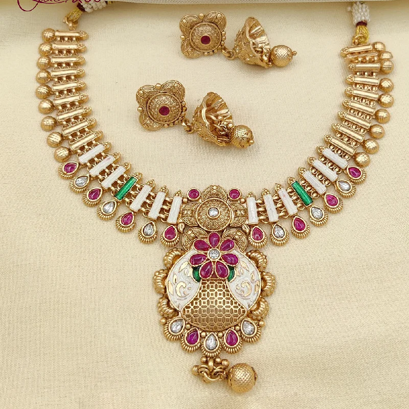 Thin yarn necklaces-Jewel Addiction Gold Plated Pota Stone And Meenakari Necklace Set