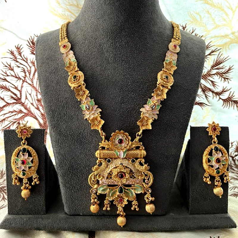 Layered link necklaces-India Art Gold Plated Pota Stone And Beads Necklace Set