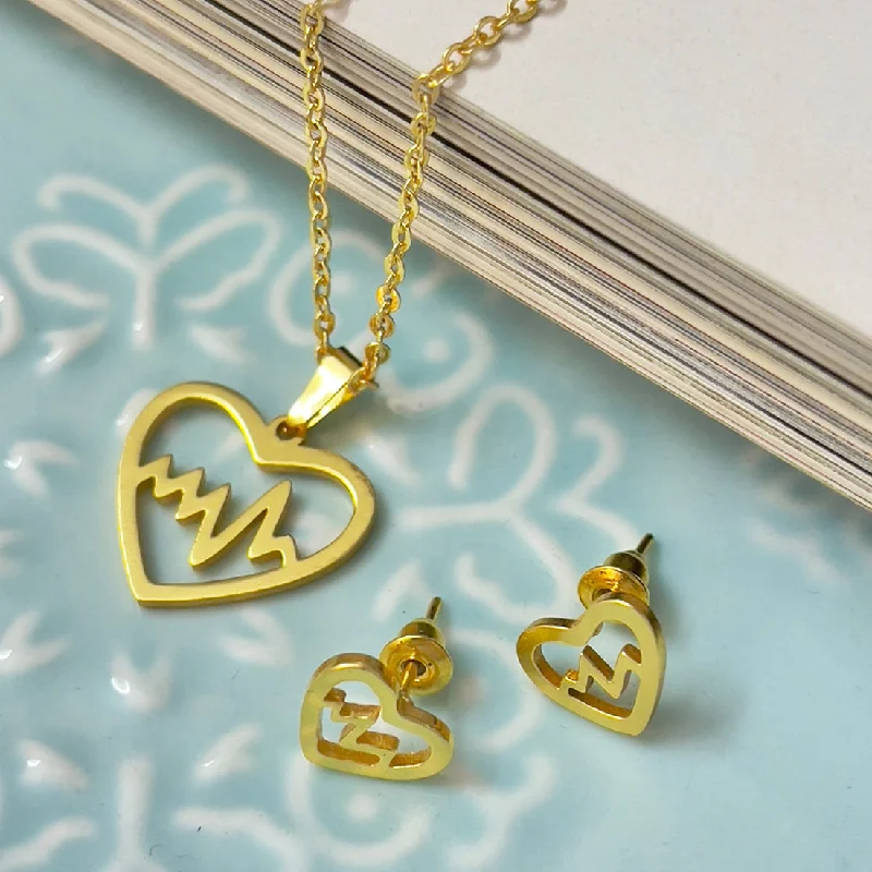 Wave drop earrings-SET OF TWO HEARTBEAT GOLD-TONED PENDANT NECKLACE & EARRINGS SET