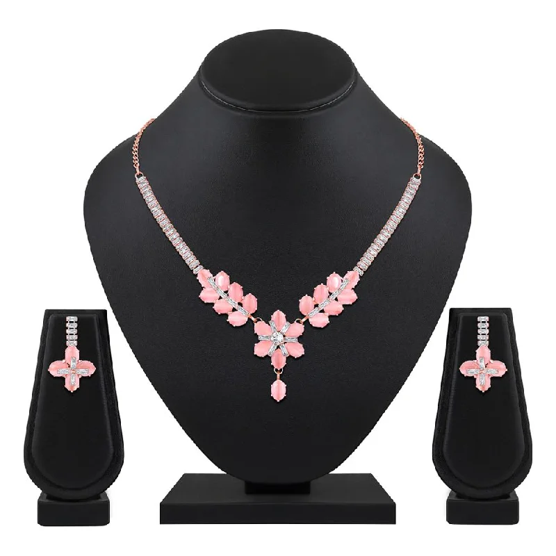 Solid link necklaces-Mahi Rose Gold Plated Pink and White Cubic Zirconia (CZ) Floral Women's Necklace Set (NL1103817ZPin)