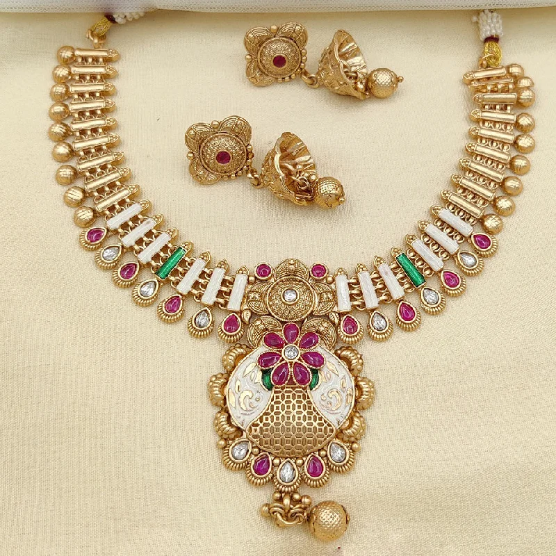 Sleek drop necklaces-Jewel Addiction Gold Plated Pota Stone And Meenakari Necklace Set