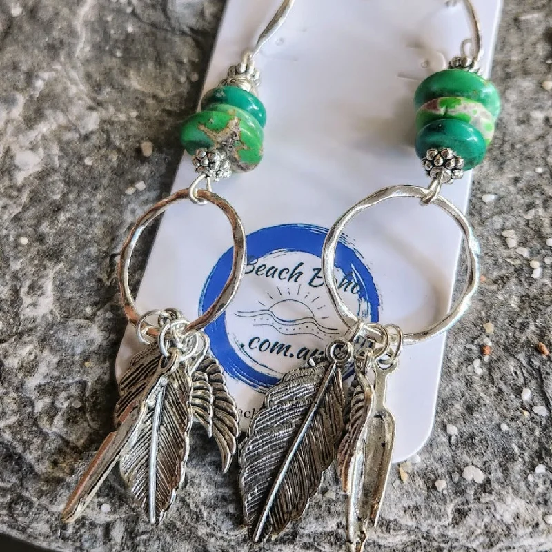 Bamboo motif earrings-NAVAJO STYLE - GREEN TURQUOISE SILVER LEAF HOOK EARRINGS