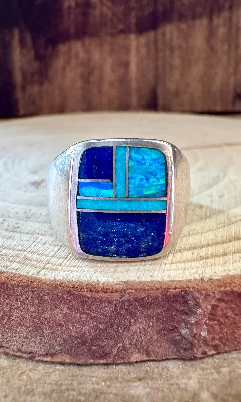 Oval stone rings-DEEP OCEAN Turquoise & Sterling Geometric Inlay Ring Mens • Size 10, 10 1/2