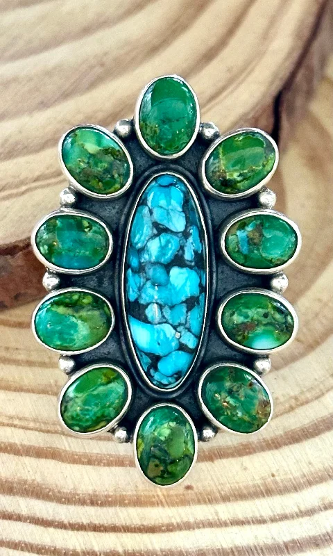 Bold gem rings-BLOOMING FLOWER Sterling Silver Blue & Green Turquoise Cluster Ring • Sizes 7 & 9 1/4