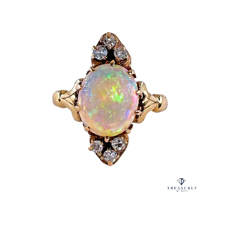 Tiny stack rings-Victorian Antique 3.57ctw Opal Diamond 14K Yellow Gold Dinner Cocktail Ring