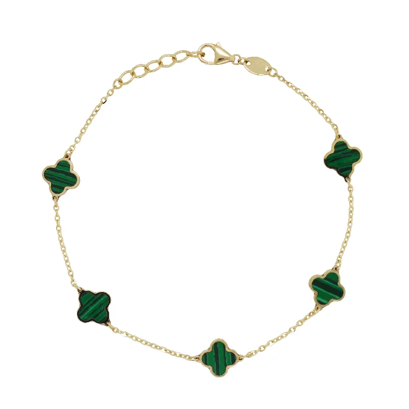 Solid chain bangles-14K Yellow Gold Station Clover Malachite Bracelet